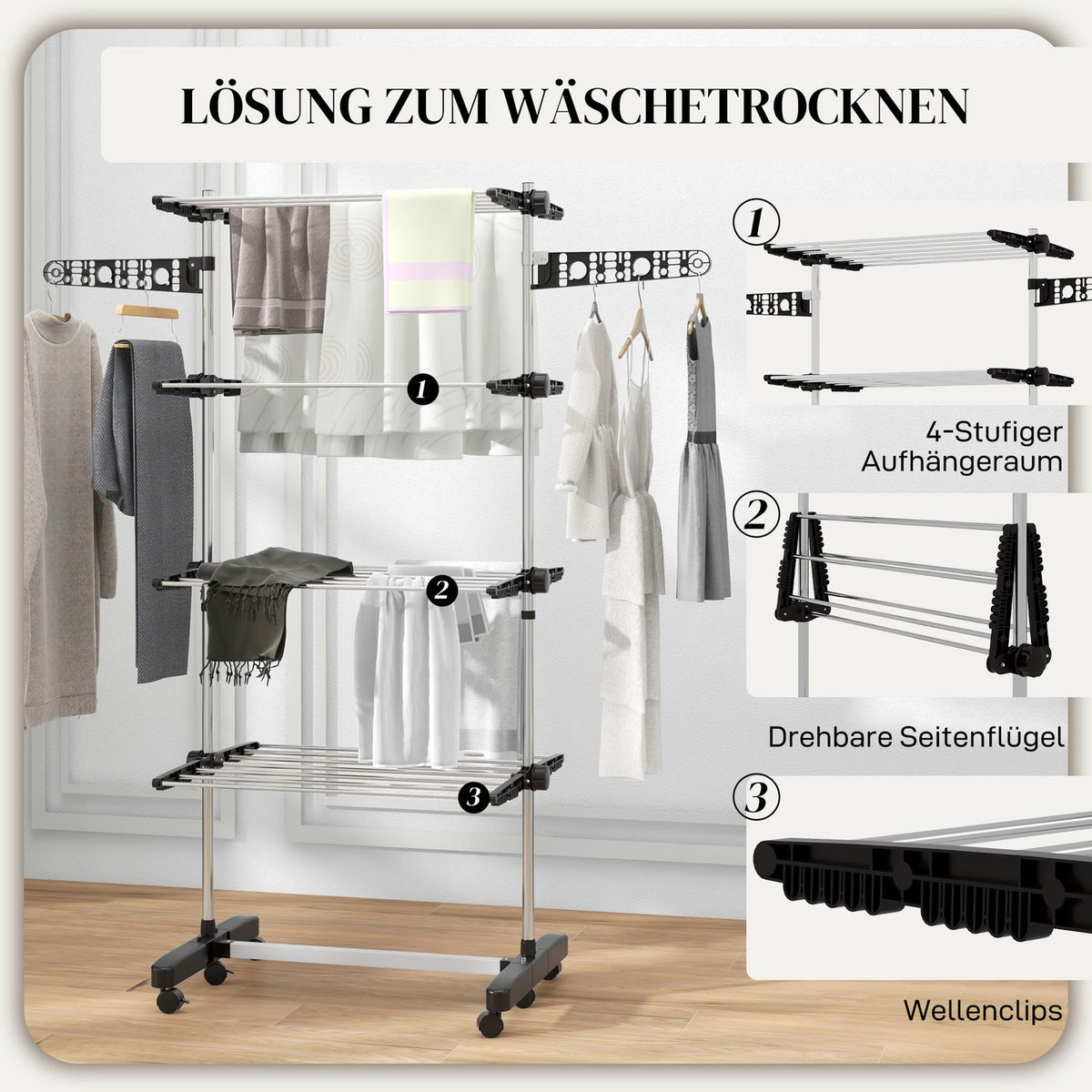 Clothes airer with wheels, clothes dryer tower, stand dryer with folding wing, laundry tower for indoor, outdoor, steel 142 x 55 x 172 cm, black