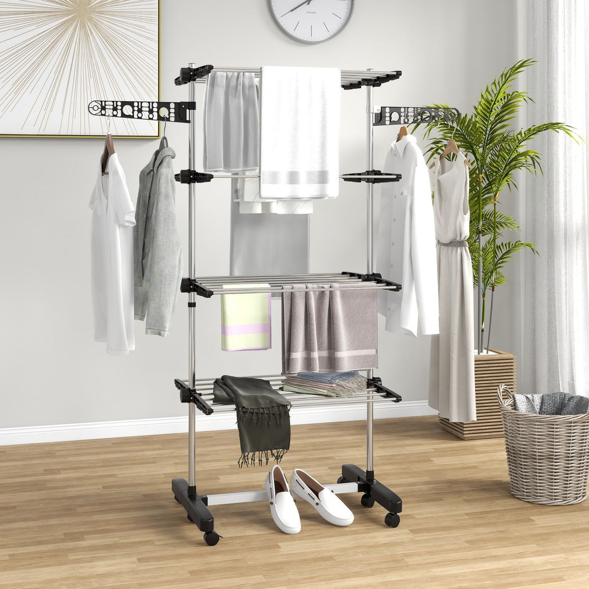 Clothes airer with wheels, clothes dryer tower, stand dryer with folding wing, laundry tower for indoor, outdoor, steel 142 x 55 x 172 cm, black