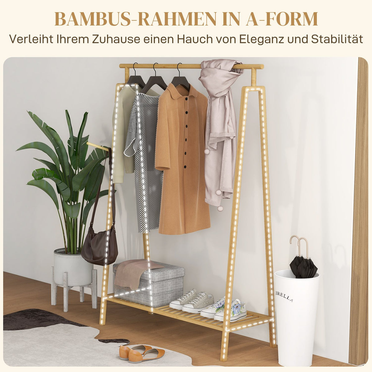 Clothes rack coat rack with coat hooks and shelf, coat rack for max. 4 shoes, bedroom and bathroom, bamboo, natural