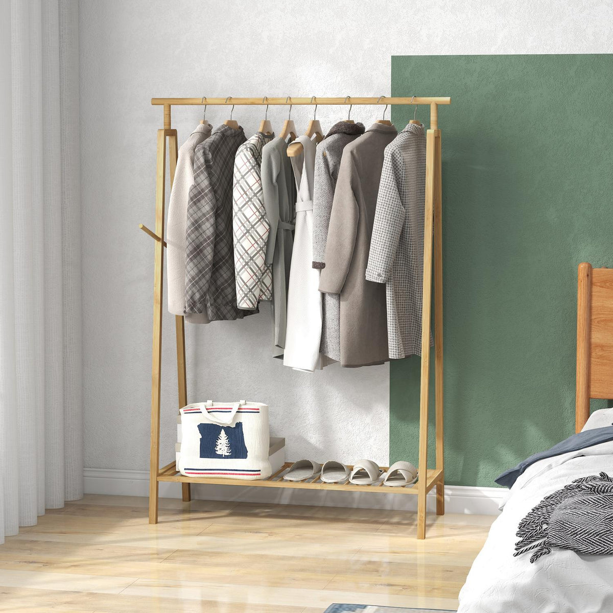 Clothes rack coat rack with coat hooks and shelf, coat rack for max. 4 shoes, bedroom and bathroom, bamboo, natural