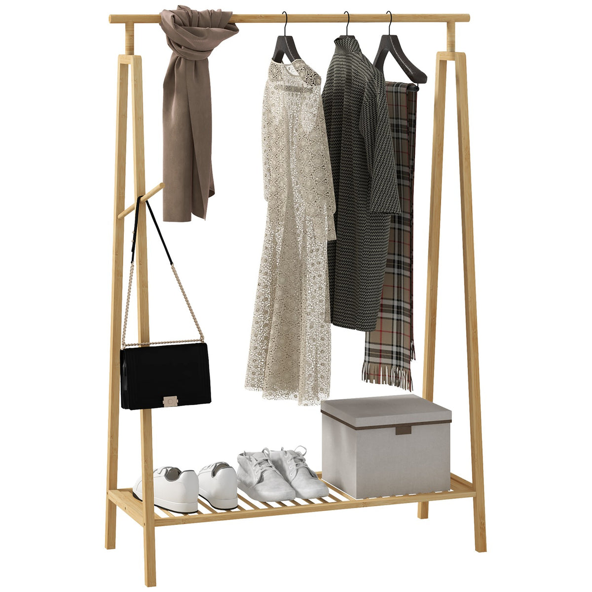 Clothes rack coat rack with coat hooks and shelf, coat rack for max. 4 shoes, bedroom and bathroom, bamboo, natural