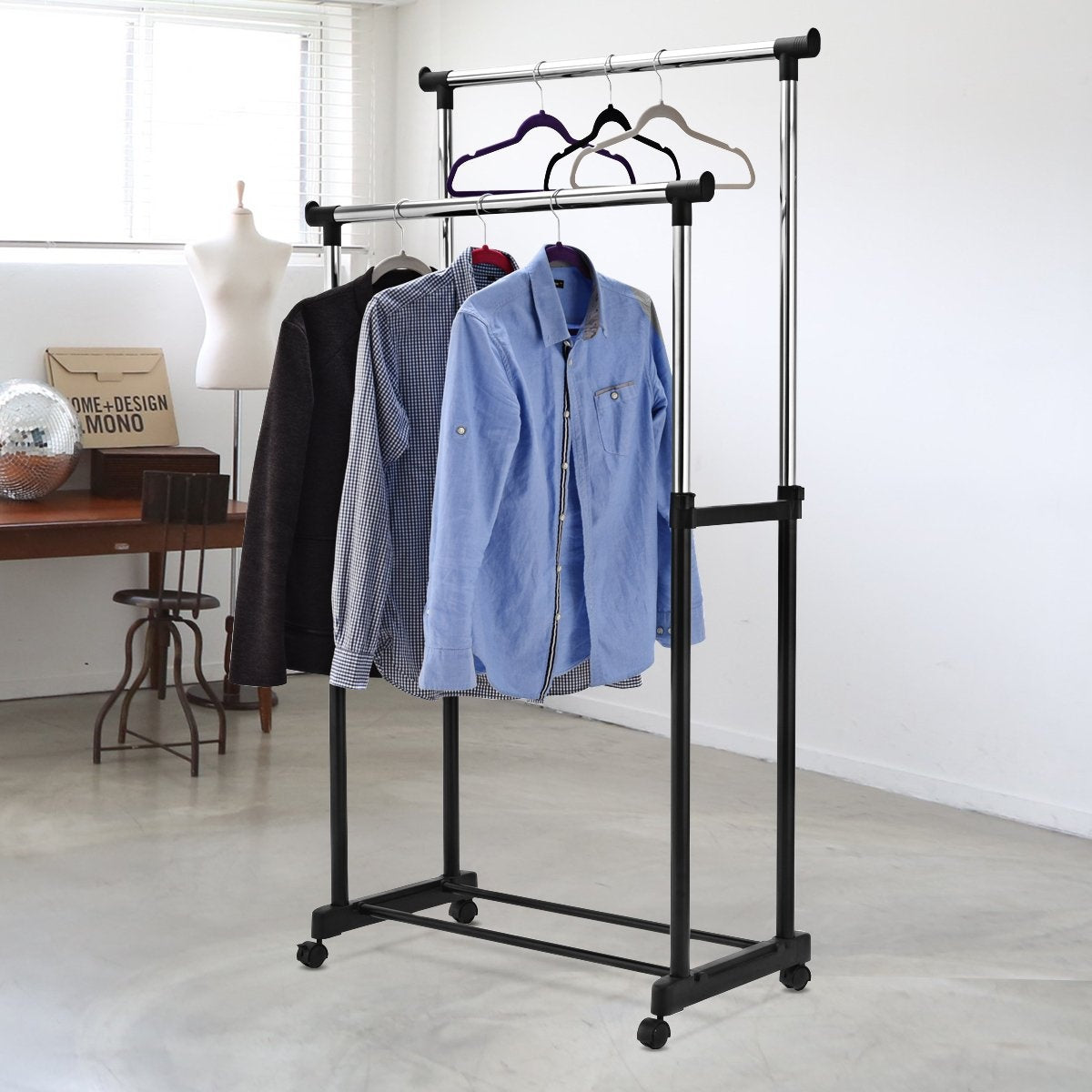 Clothes rack, height-adjustable coat rack, rolling coat rack with wheels, black, 86 x 43 x 94-168 cm