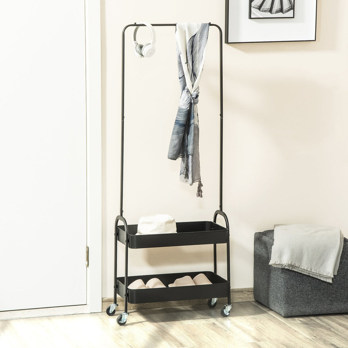 Clothes rack on wheels, coat rack with clothes rail, shoe rack, free-standing coat rack made of steel, for living room, bedroom, loads up to 16 kg, black