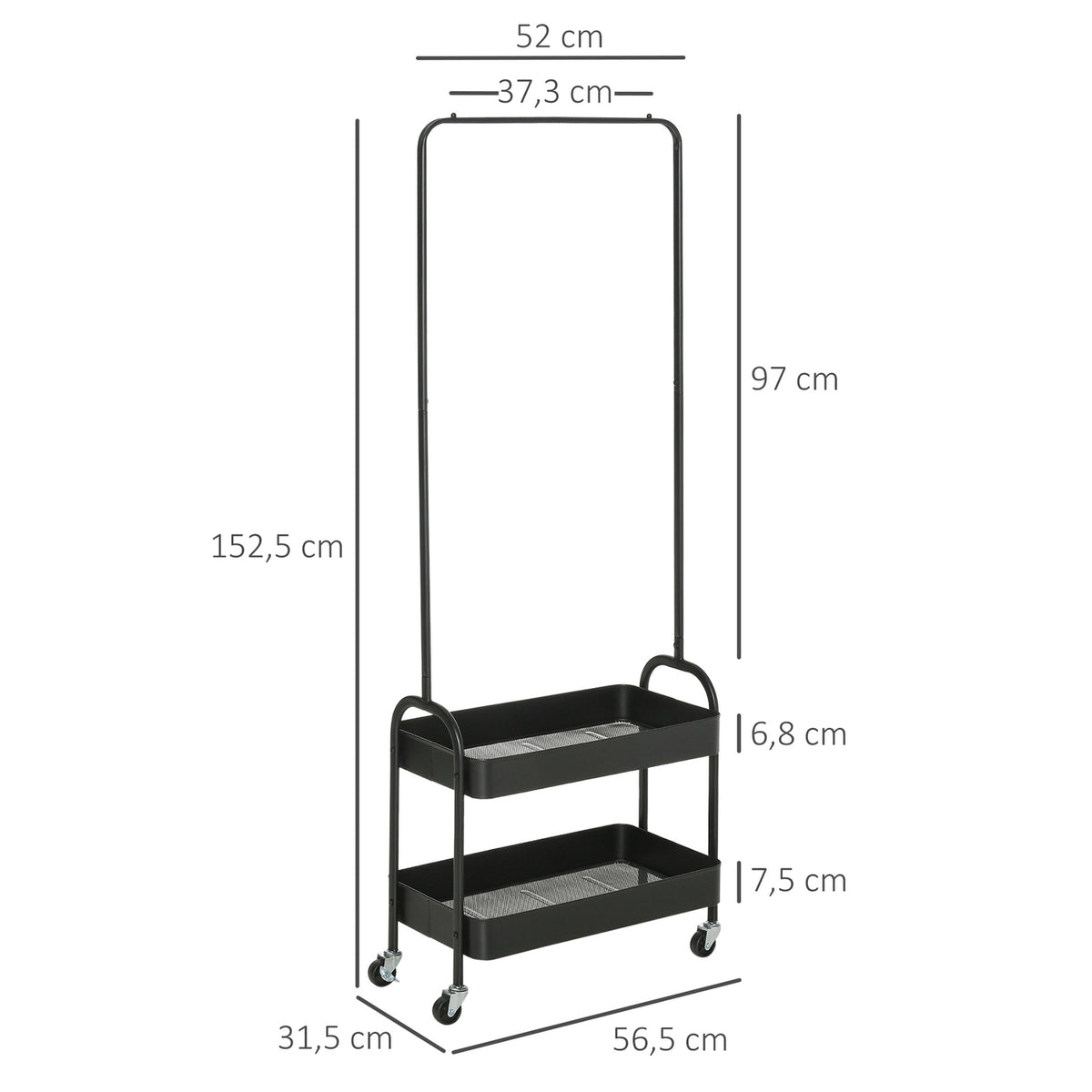 Clothes rack on wheels, coat rack with clothes rail, shoe rack, free-standing coat rack made of steel, for living room, bedroom, loads up to 16 kg, black