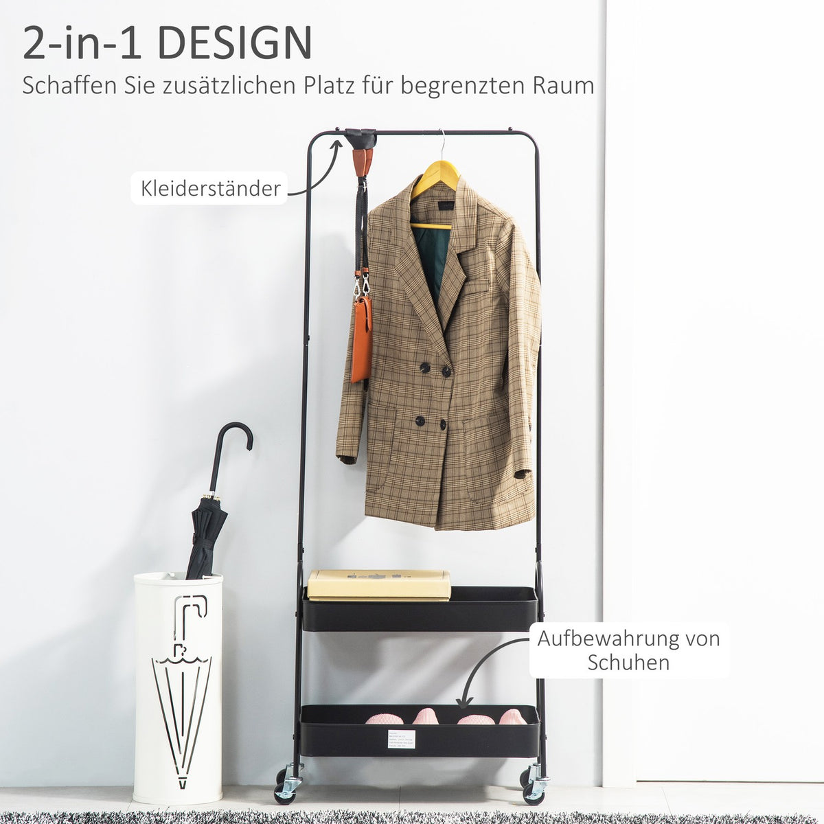 Clothes rack on wheels, coat rack with clothes rail, shoe rack, free-standing coat rack made of steel, for living room, bedroom, loads up to 16 kg, black