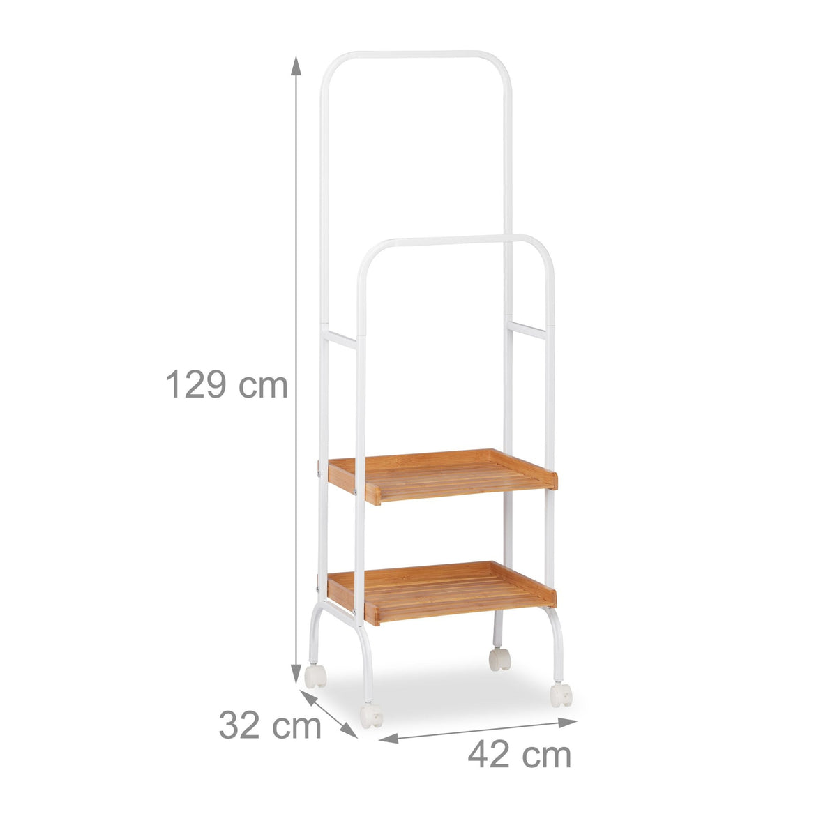 Clothes rack on wheels with 2 shelves