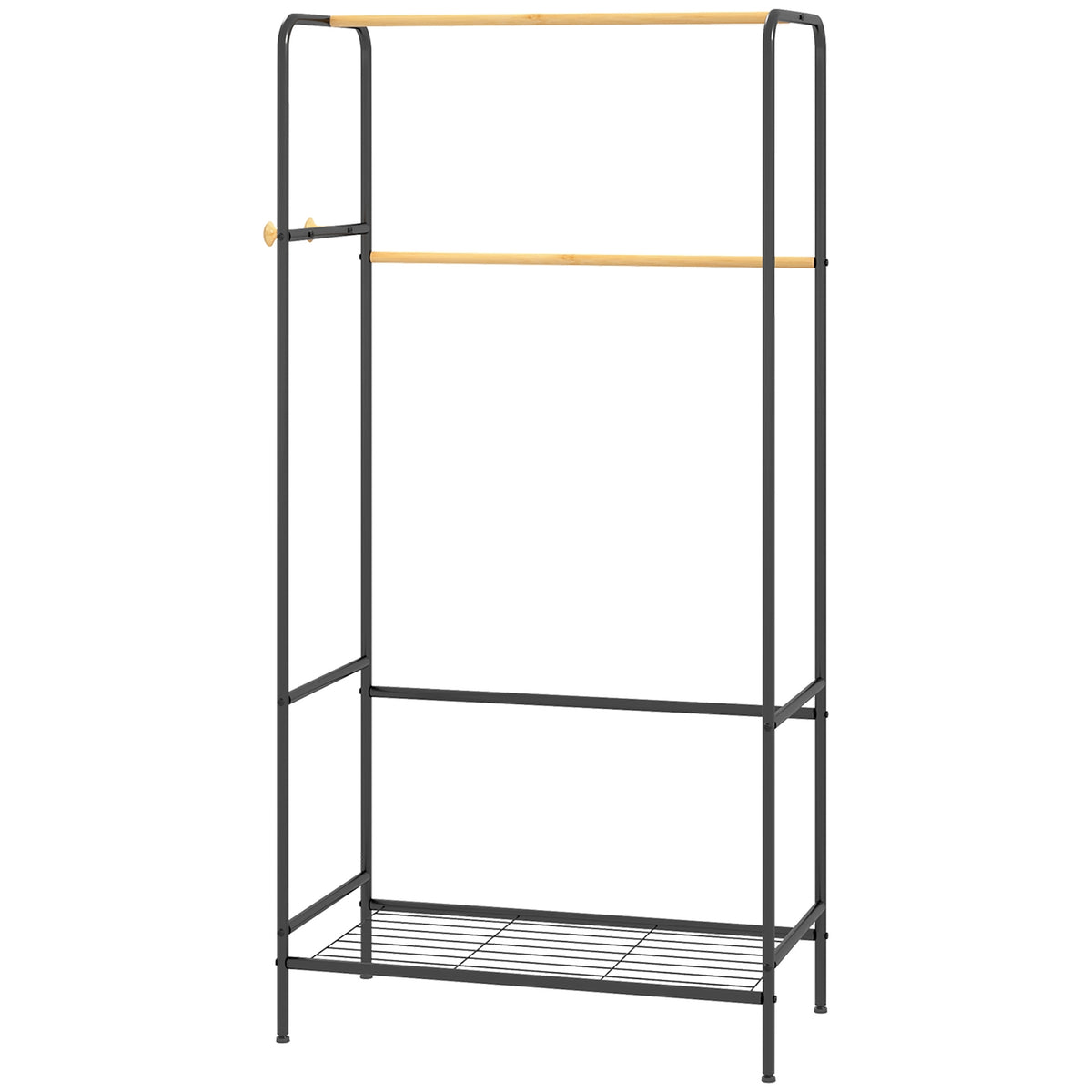 Clothes rack with 2 clothes rails and shelf, jacket rack with hooks for bedroom, hallway, bamboo, black