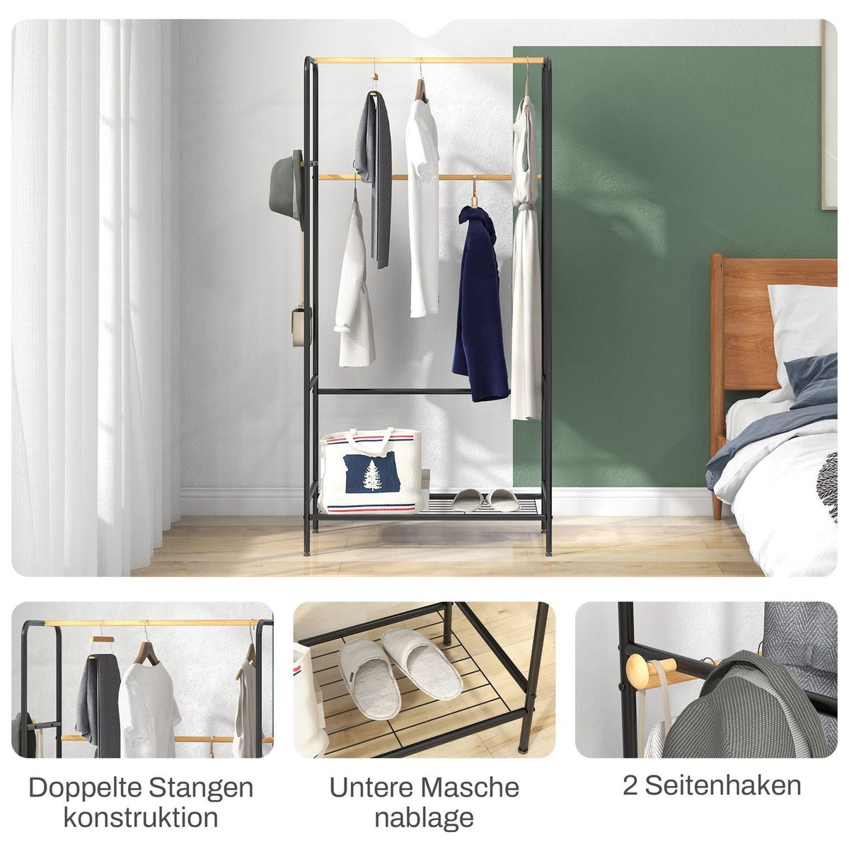 Clothes rack with 2 clothes rails and shelf, jacket rack with hooks for bedroom, hallway, bamboo, black