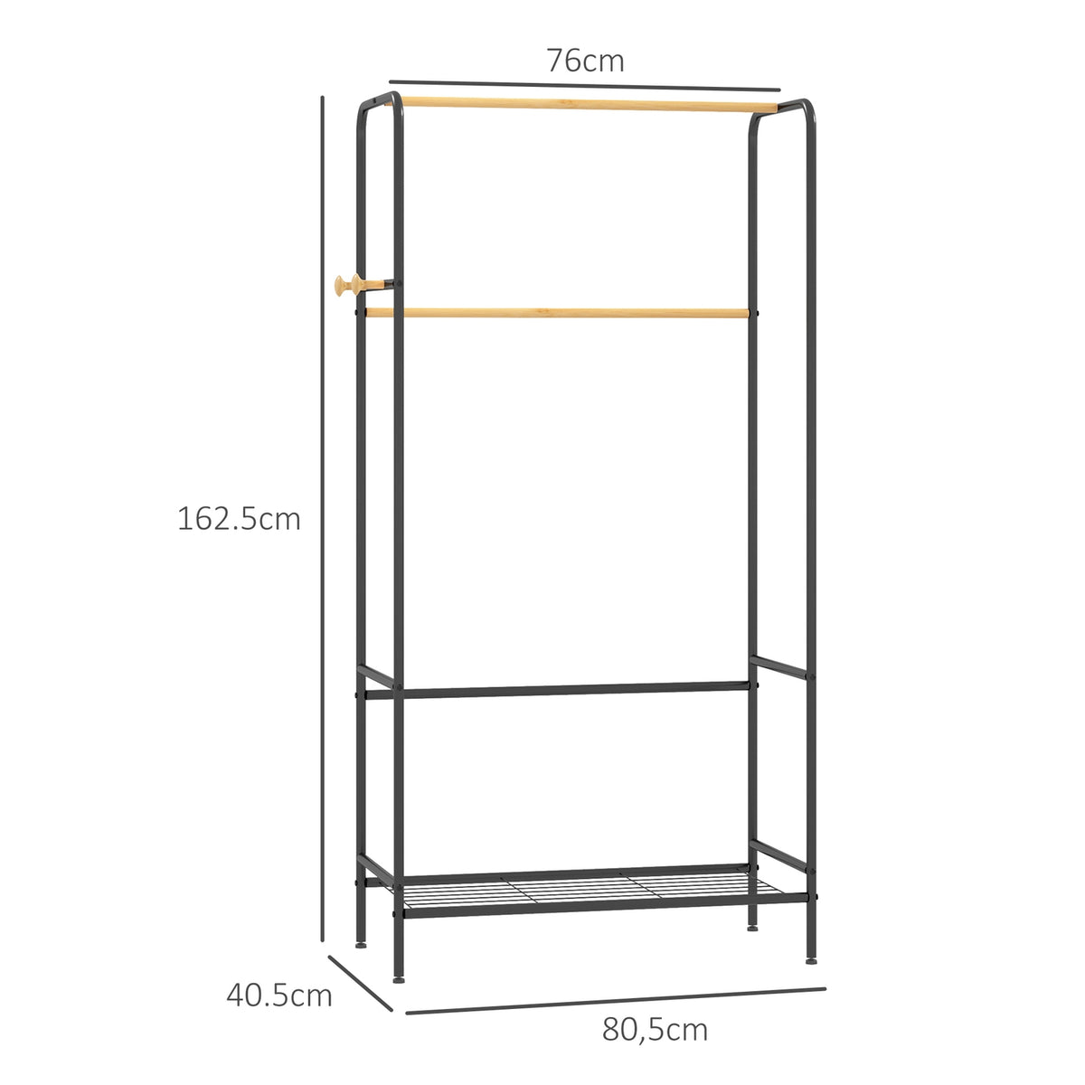 Clothes rack with 2 clothes rails and shelf, jacket rack with hooks for bedroom, hallway, bamboo, black