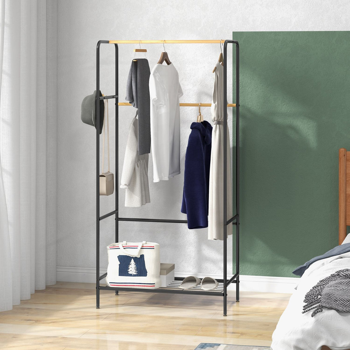 Clothes rack with 2 clothes rails and shelf, jacket rack with hooks for bedroom, hallway, bamboo, black