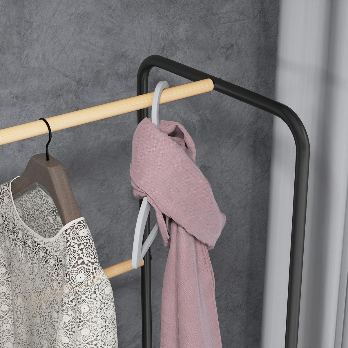 Clothes rack with 2 clothes rails and shelf, jacket rack with hooks for bedroom, hallway, bamboo, black