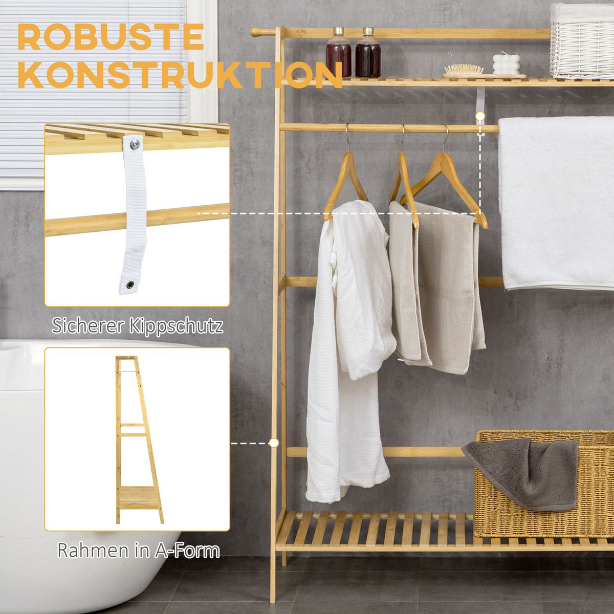Clothes rack with 2 shelves, 2 hooks and 1 clothes rail made of bamboo - dimensions 114L x 40W x 139H cm natural wood