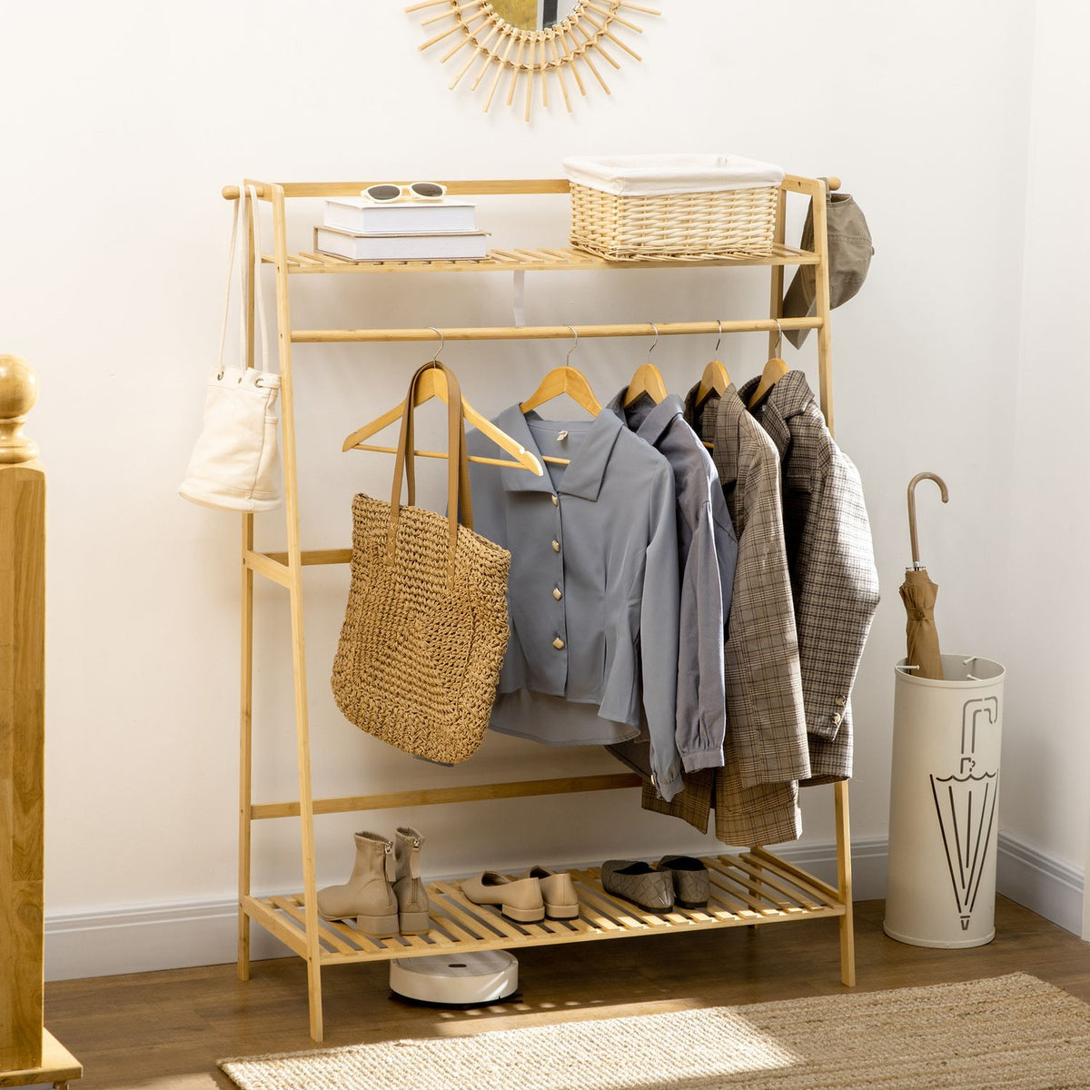 Clothes rack with 2 shelves, 2 hooks and 1 clothes rail made of bamboo - dimensions 114L x 40W x 139H cm natural wood