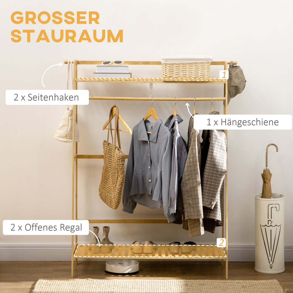 Clothes rack with 2 shelves, 2 hooks and 1 clothes rail made of bamboo - dimensions 114L x 40W x 139H cm natural wood