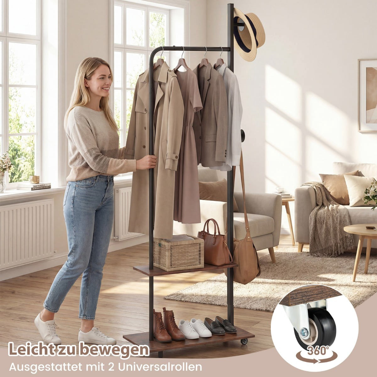 Clothing Rack on Wheels with Hooks, 60x30x175 cm, Brown