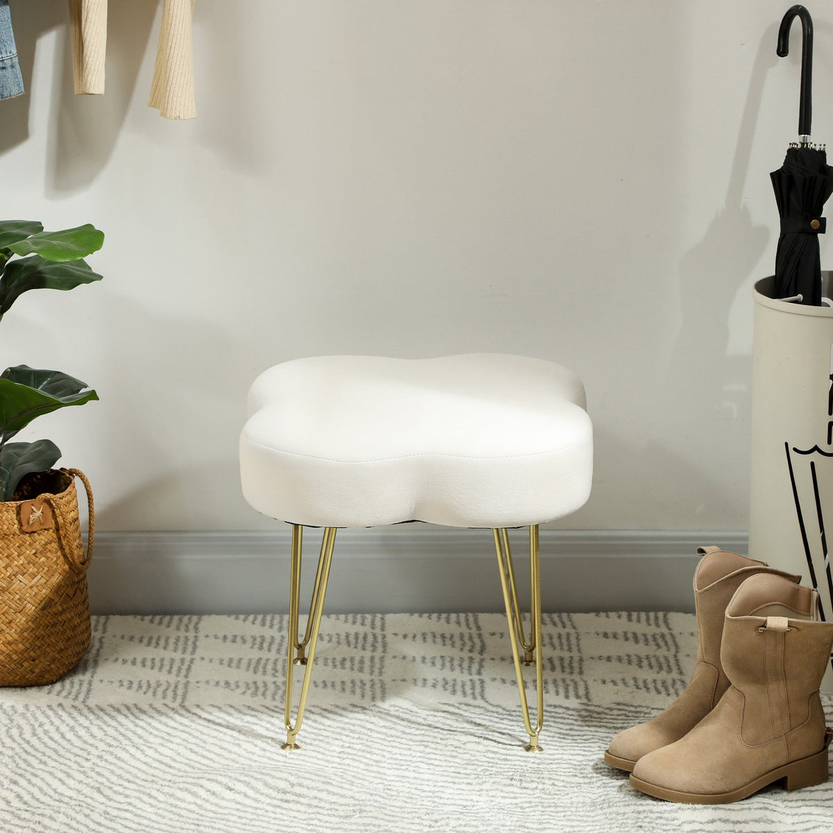 Clover-Shaped Ottoman, Velvet Upholstery, Cream, Steel Legs