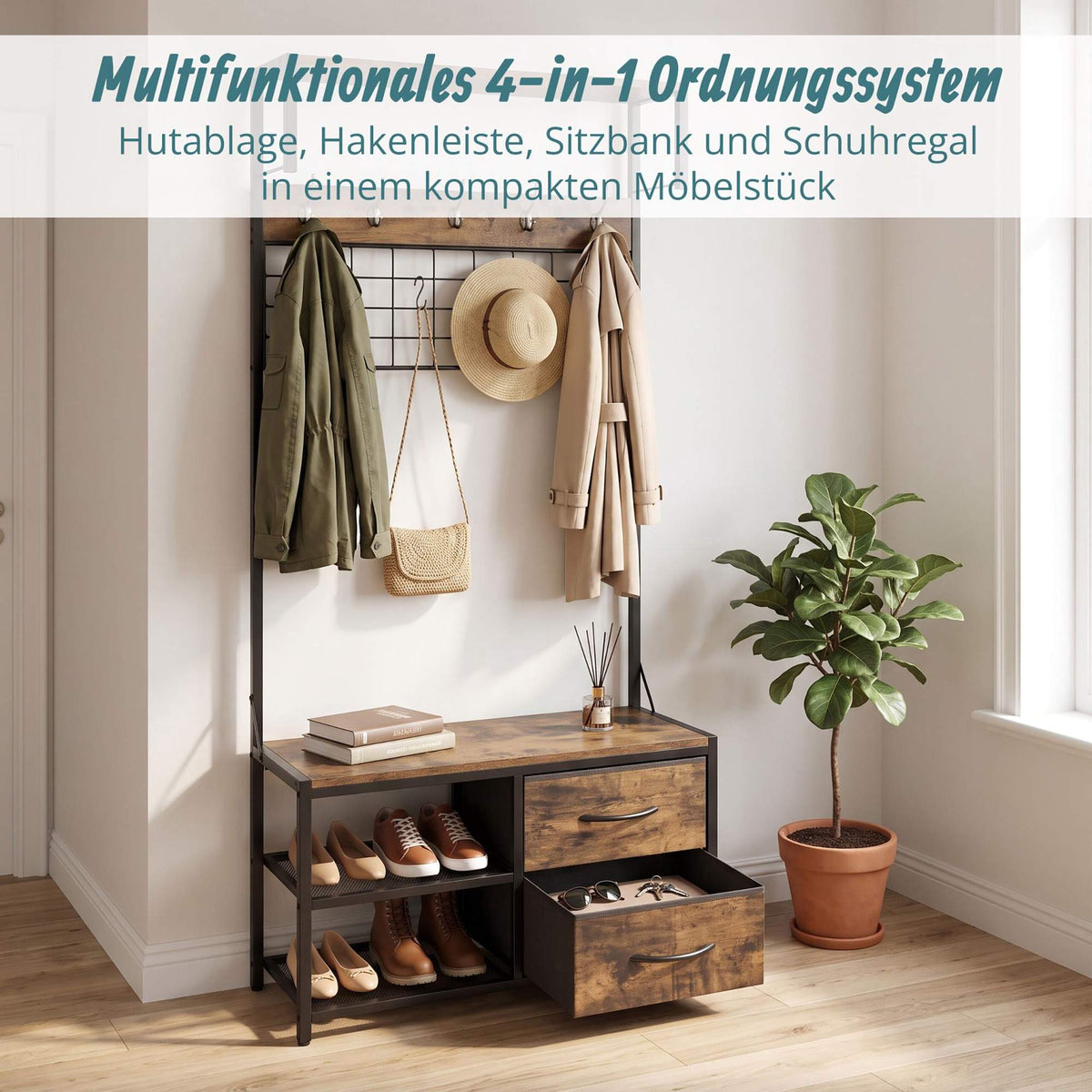 Coat Rack & Bench with Storage, Brown, MDF & Iron