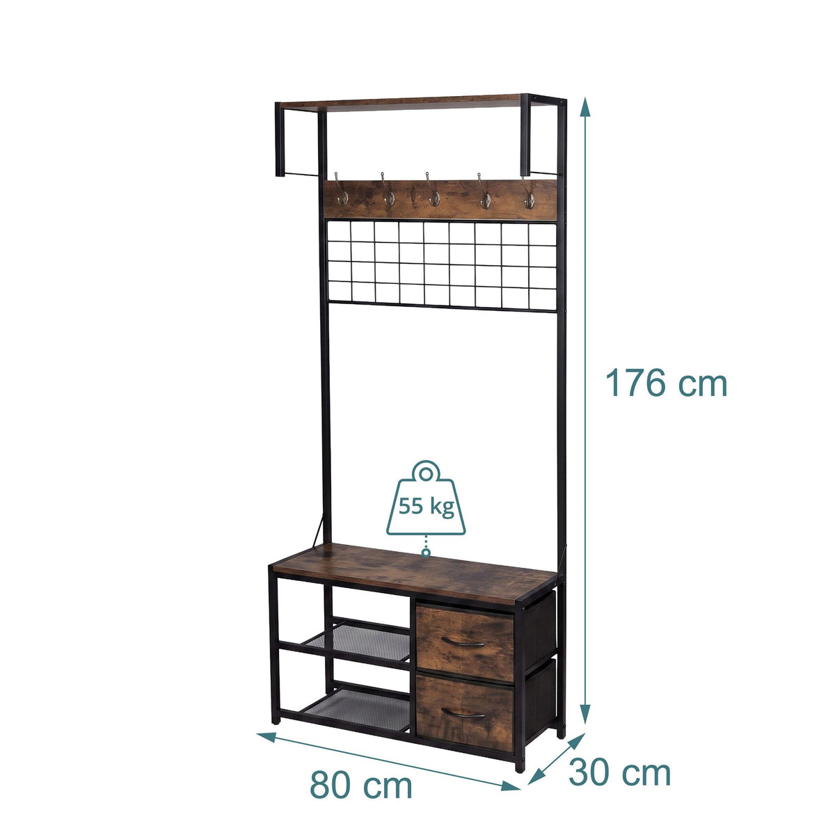 Coat Rack & Bench with Storage, Brown, MDF & Iron