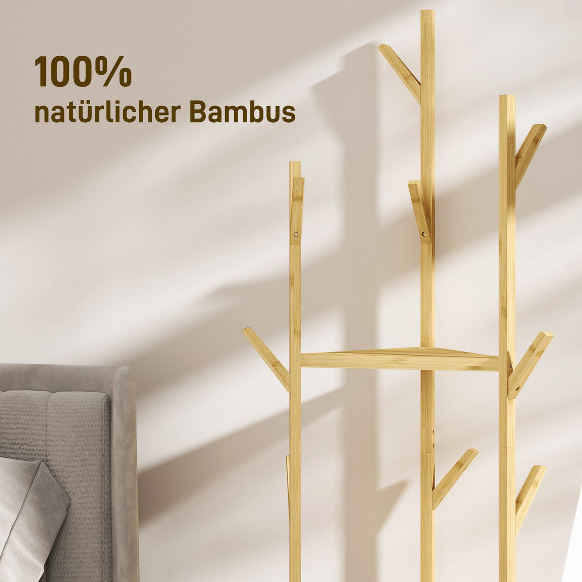 Coat Rack, Clothes Rack with 8 Hooks, 3 Levels, Jacker Stand for Hats, Clothes, Entrance, Hallway, 45 x 45 x 170 cm, Bamboo, Natural |