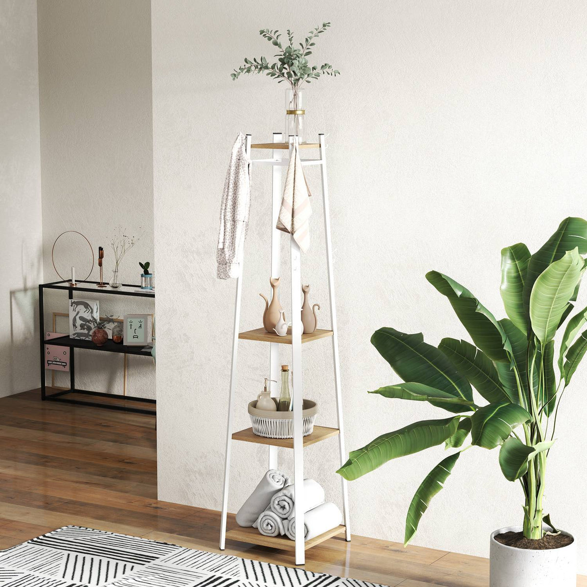 Coat Rack, Clothes Rack with 8 Hooks, 4 Levels, Steel Jacker Rack for Clothes, Hats, Entrance, Hallway, 34 x 34 x 170 cm, White |