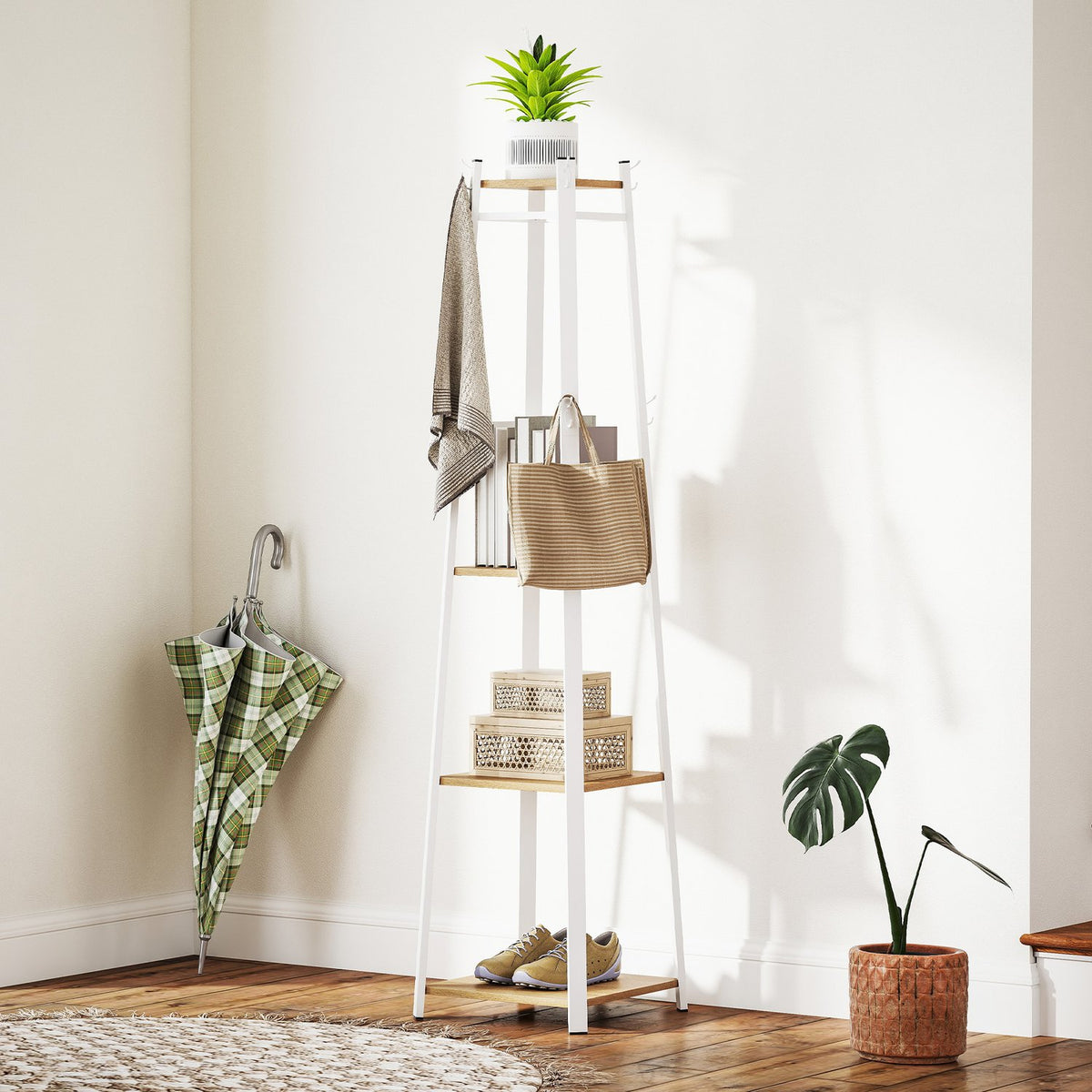 Coat Rack, Clothes Rack with 8 Hooks, 4 Levels, Steel Jacker Rack for Clothes, Hats, Entrance, Hallway, 34 x 34 x 170 cm, White |