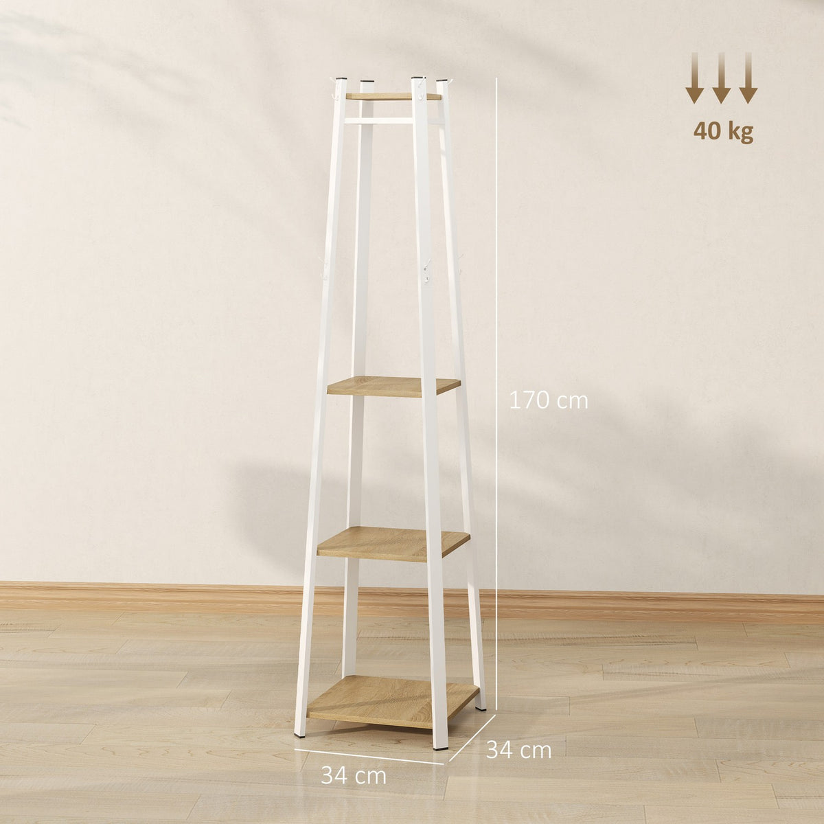 Coat Rack, Clothes Rack with 8 Hooks, 4 Levels, Steel Jacker Rack for Clothes, Hats, Entrance, Hallway, 34 x 34 x 170 cm, White |
