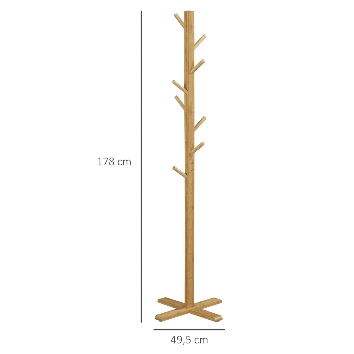 Coat Rack Made Of Bamboo With 8 Hooks, Clothes Rack For Hallway, Bedroom, Natural, 49.5X49.5X178Cm