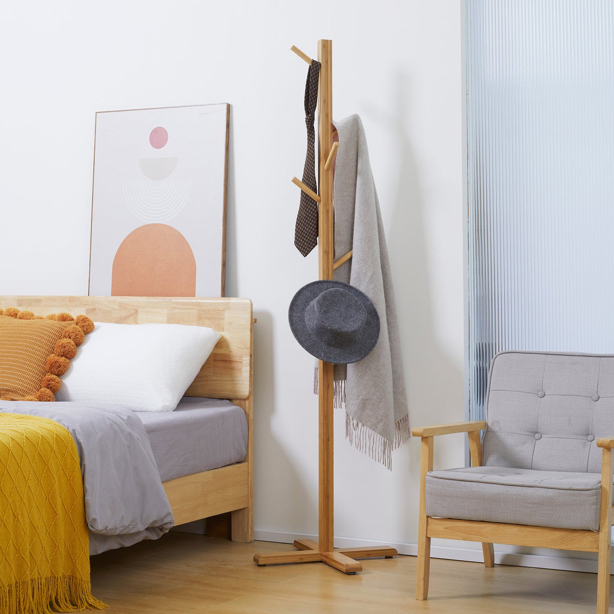 Coat Rack Made Of Bamboo With 8 Hooks, Clothes Rack For Hallway, Bedroom, Natural, 49.5X49.5X178Cm