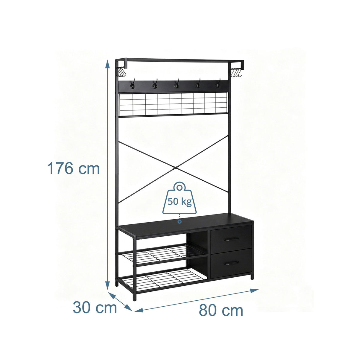 Coat Rack & Shoe Shelf with Drawers – Black, Metal Frame