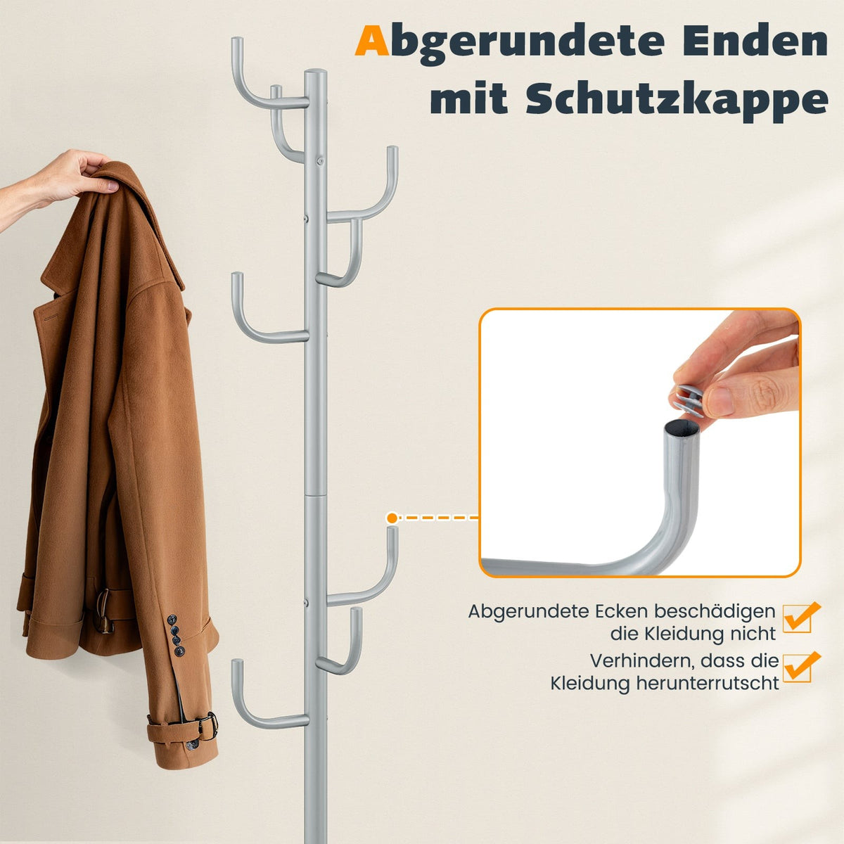 Coat Rack Stand, 175 cm, 8 Hooks, Adjustable Height, Silver