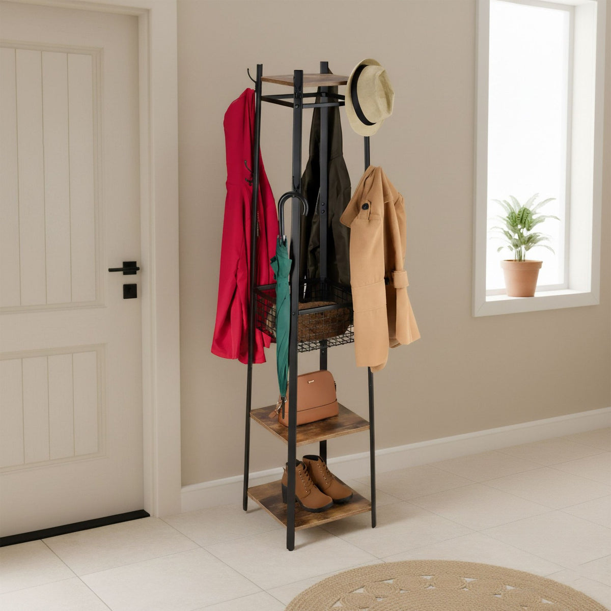 Coat Rack Stand with 8 Hooks, 3 Shelves, Basket