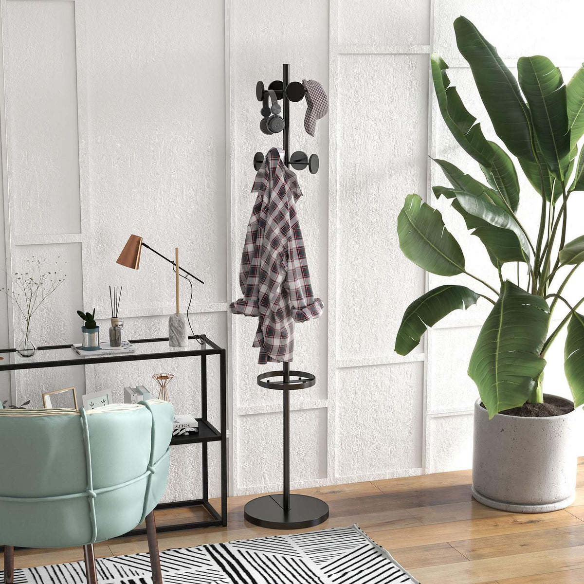 Coat Rack With 8 Hooks, Clothes Rack, Metal, Walnut, 34X34X177 Cm