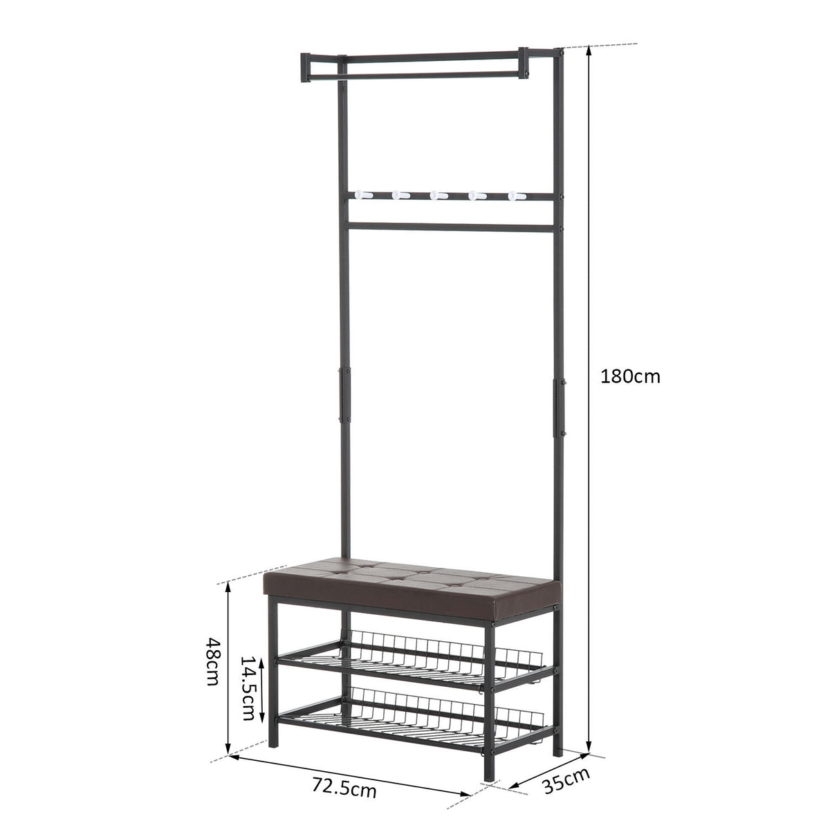 Coat Rack With Bench, Clothes Rack & Shoe Rack, Metal, 2 Shoe Racks, Seat, 72.5X35X180Cm