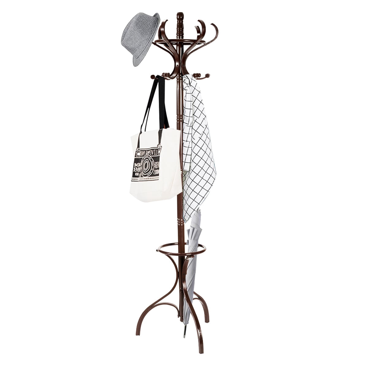 Coat Rack with 12 Hooks and Umbrella Stand, Birch Wood