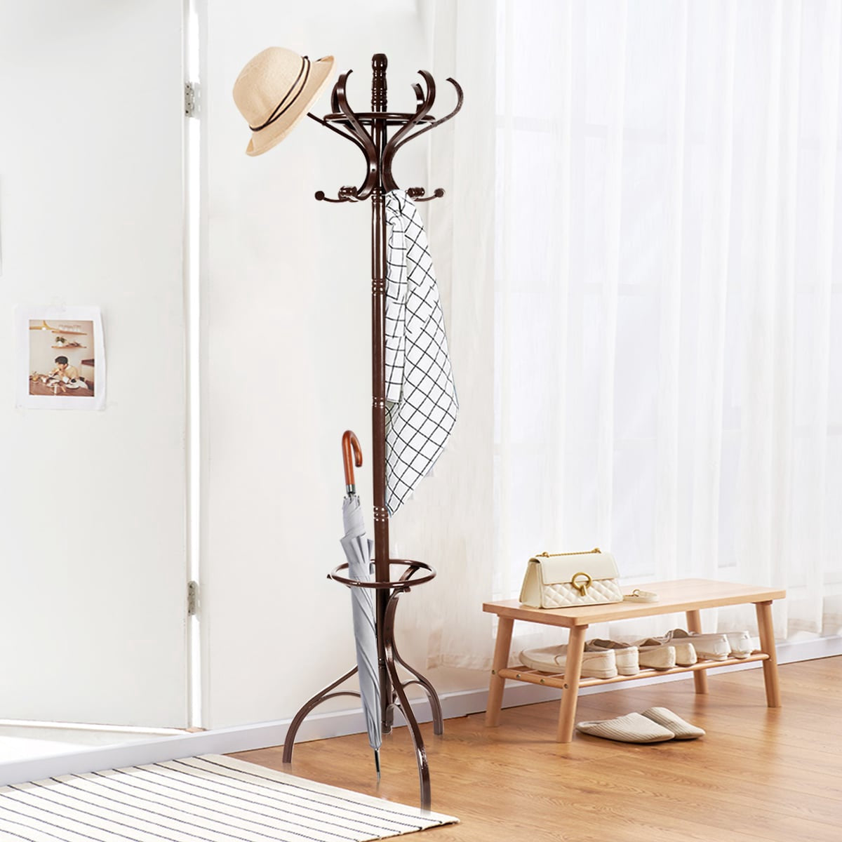 Coat Rack with 12 Hooks and Umbrella Stand, Birch Wood