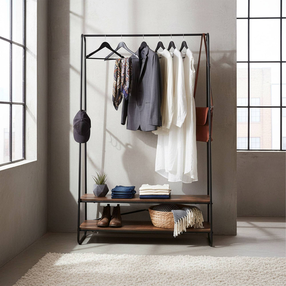 Coat Rack with 2 Shelves – Metal Frame, Wood-Effect