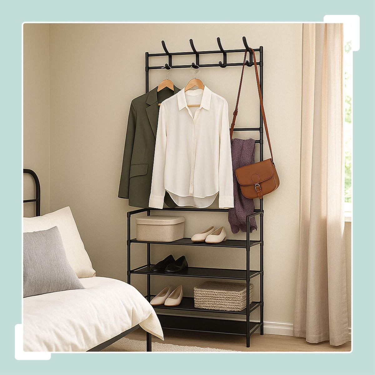 Coat Rack with 4 Shoe Shelves, Metal Freestanding