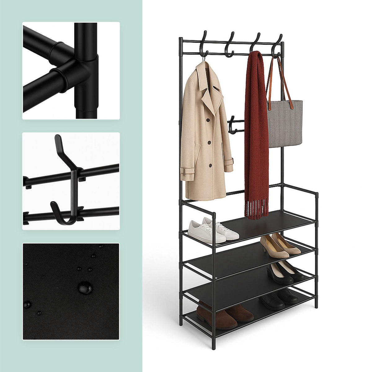 Coat Rack with 4 Shoe Shelves, Metal Freestanding