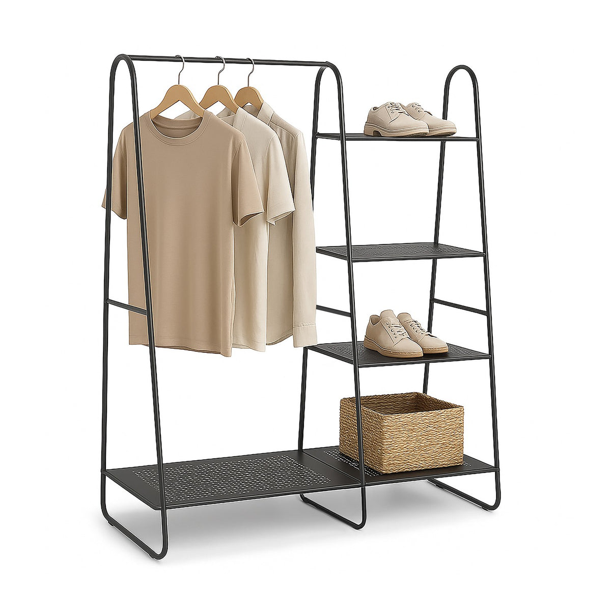 Coat Rack with 5 Shelves – Black Metal, Freestanding