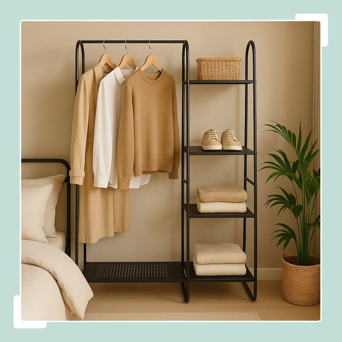 Coat Rack with 5 Shelves – Black Metal, Freestanding