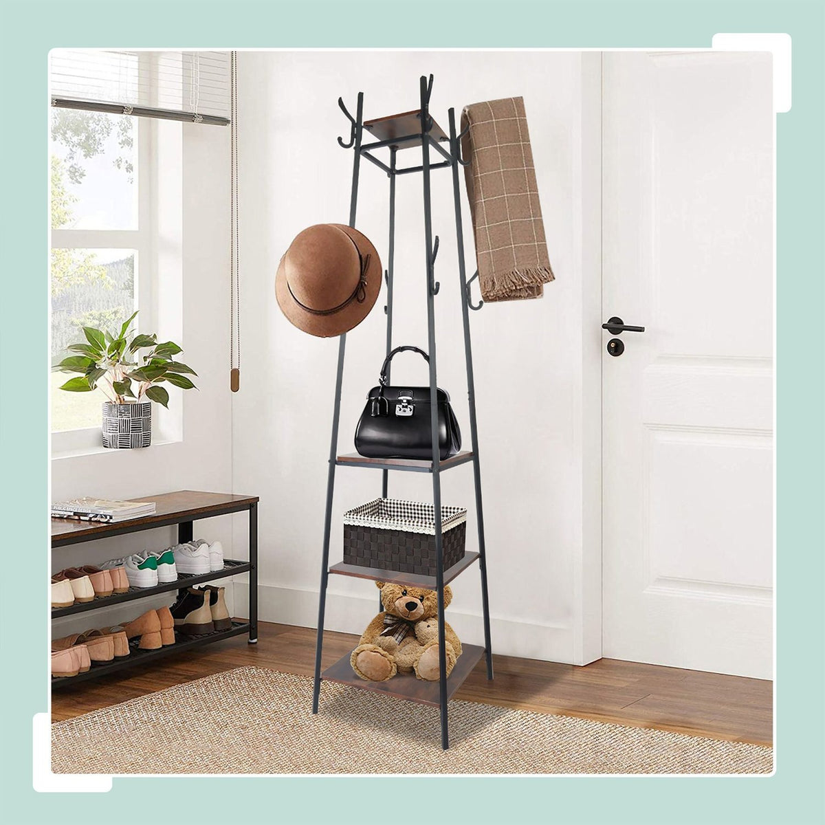 Coat Rack with 8 Hooks & 4 Shelves, 180 cm