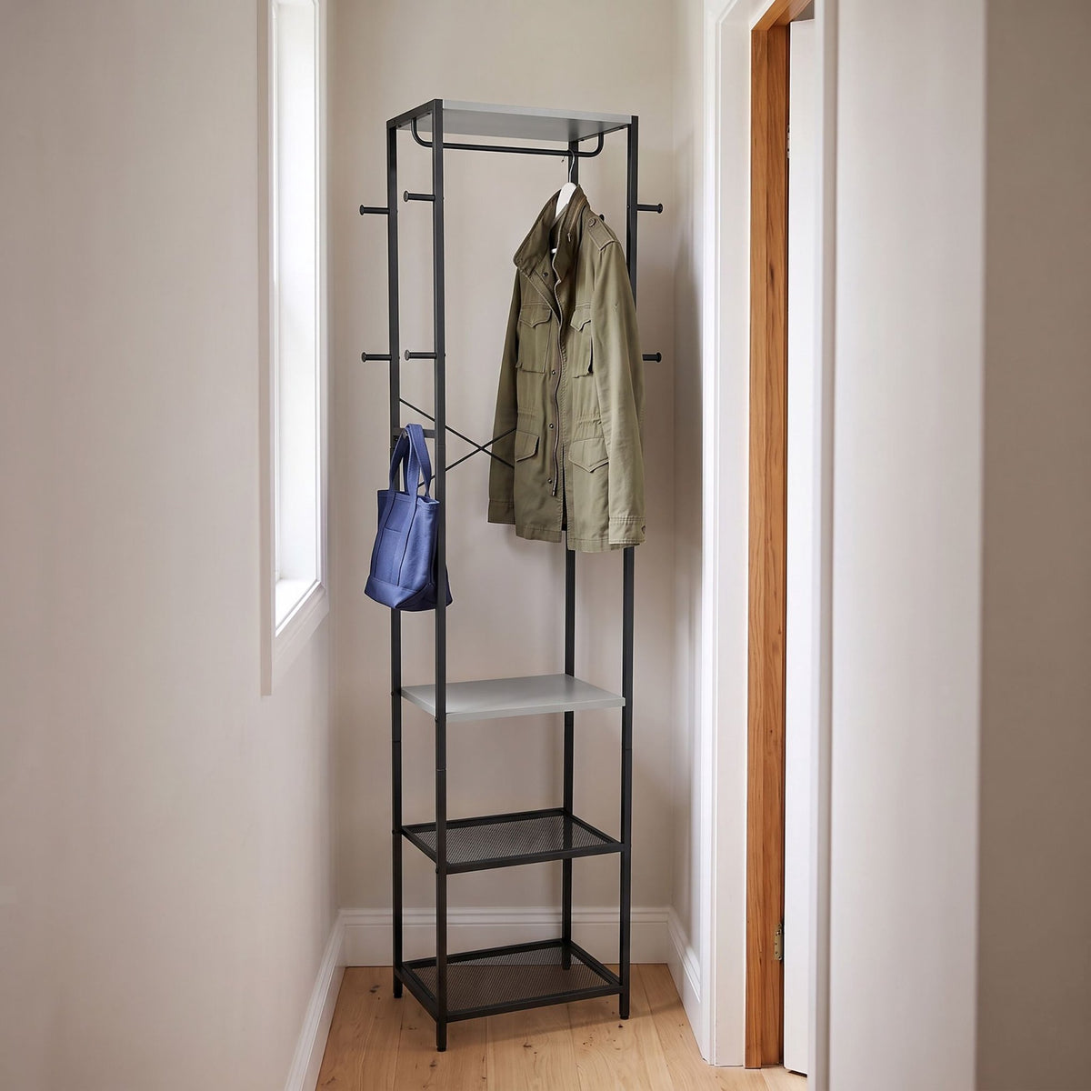 Coat Rack with Hooks, Shelves & Rail – Black-Grey