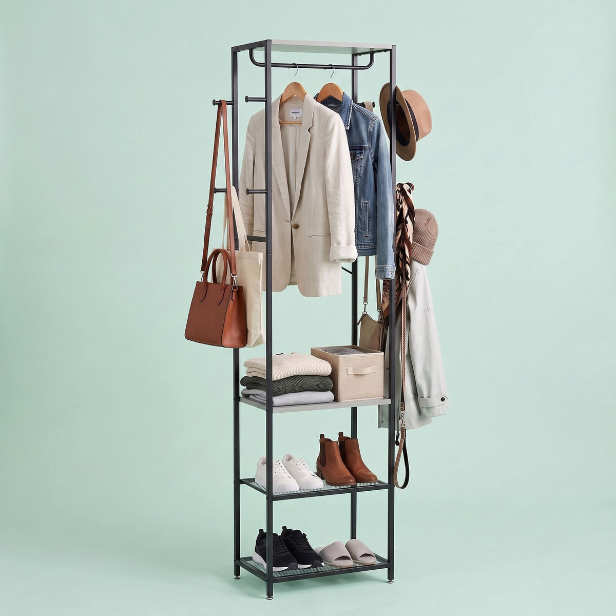 Coat Rack with Hooks, Shelves & Rail – Black-Grey