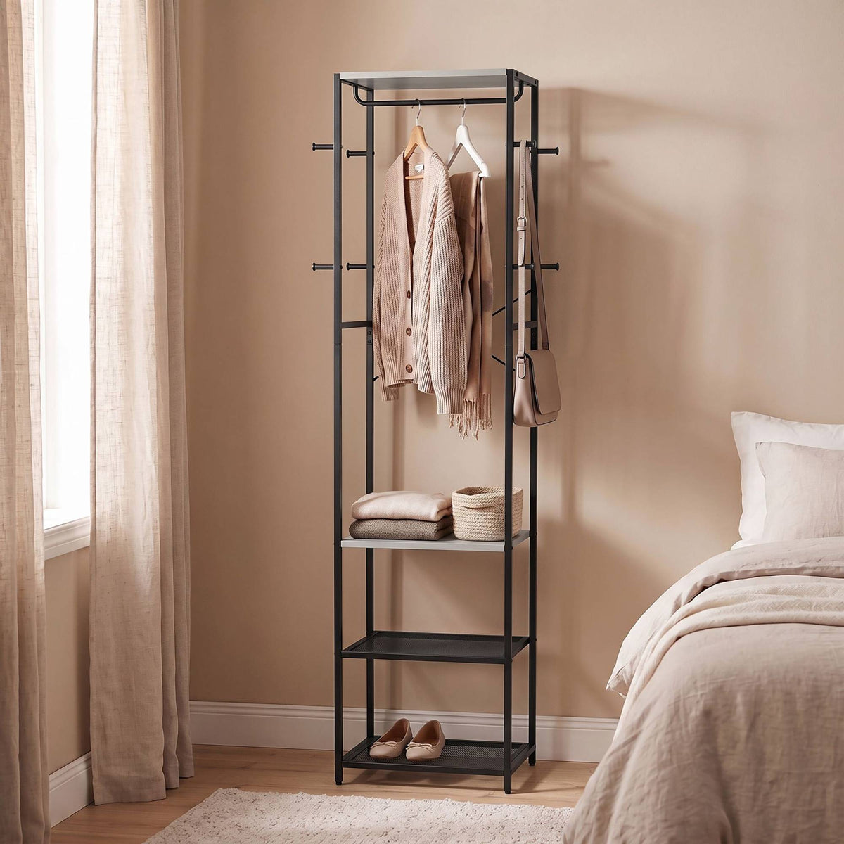 Coat Rack with Hooks, Shelves & Rail – Black-Grey