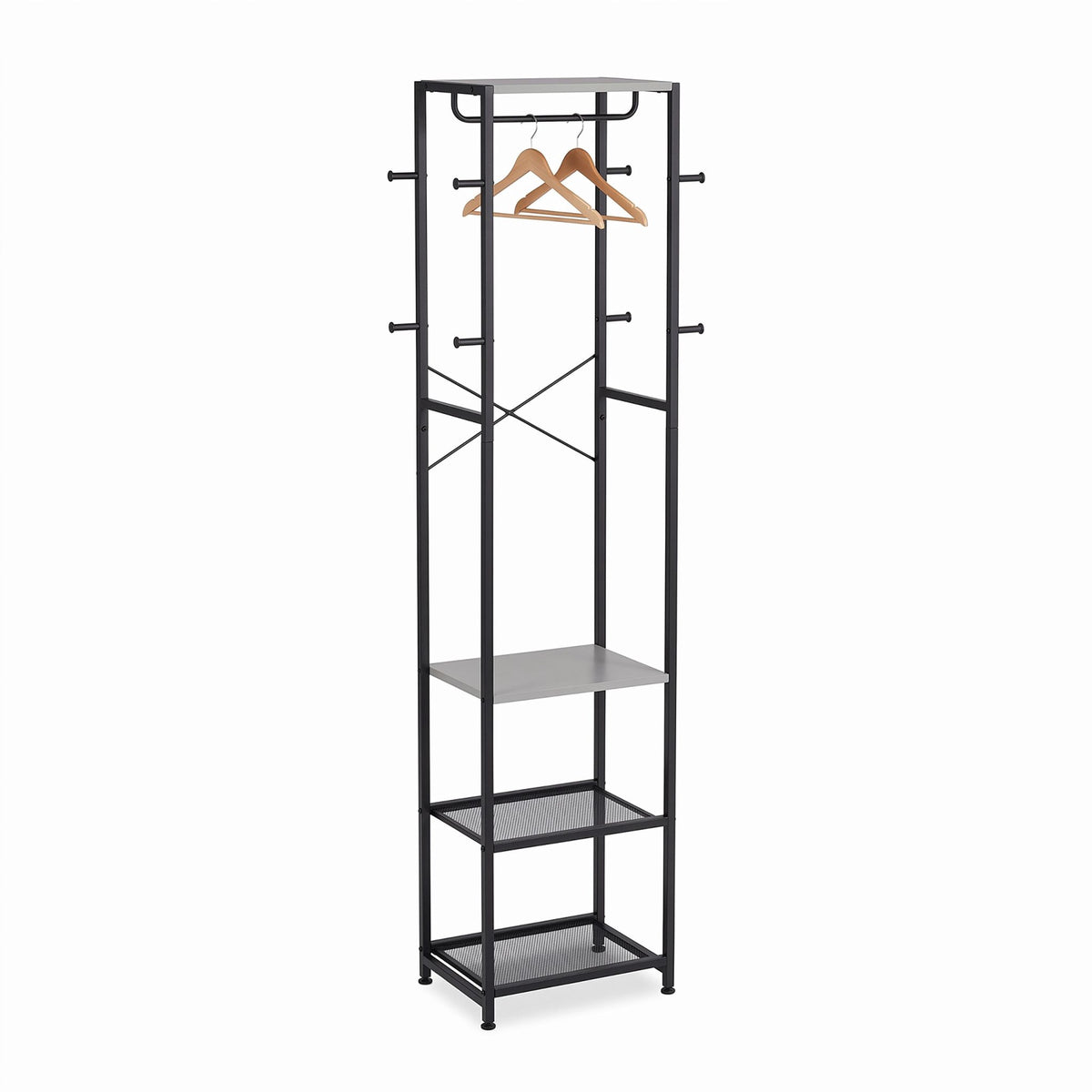 Coat Rack with Hooks, Shelves & Rail – Black-Grey
