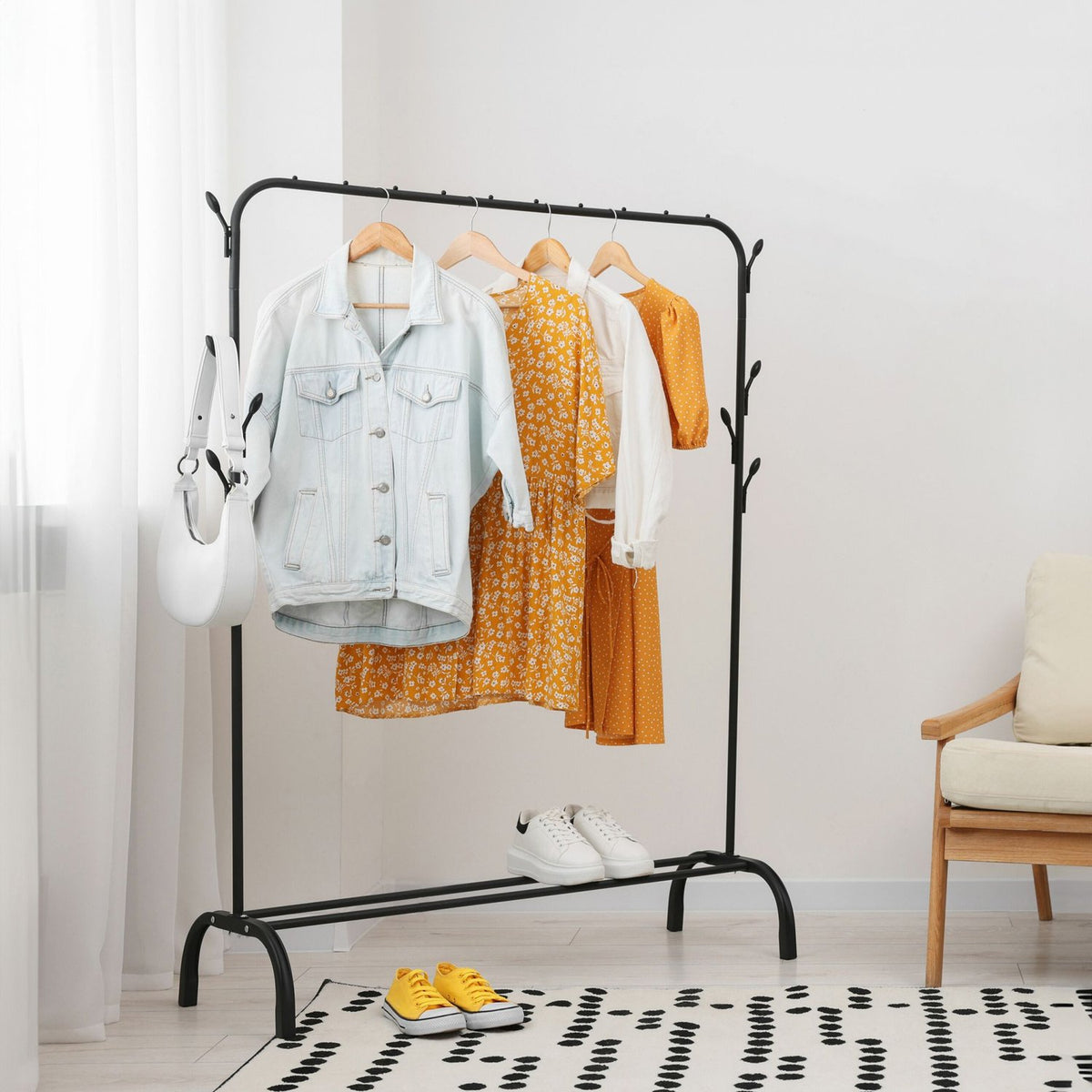 Coat Rack with Shelf and Hooks – Iron, Free-Standing