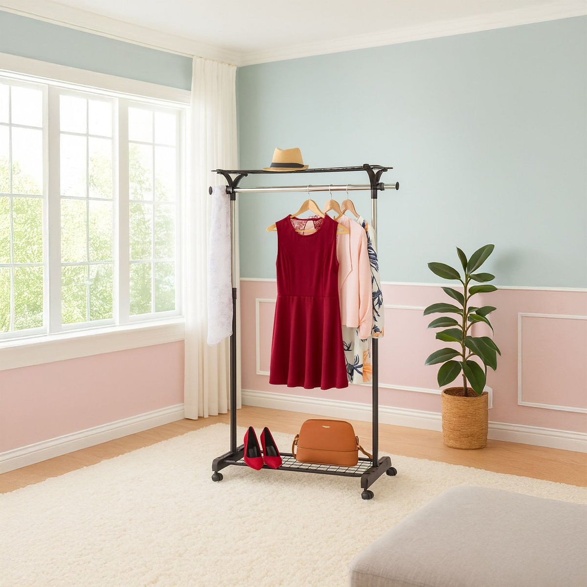 Coat Rack with Shelves and Wheels – Adjustable Storage