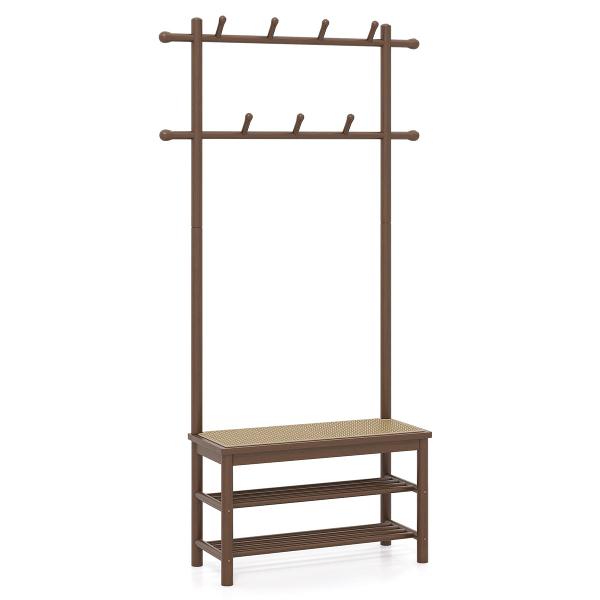 Coat Rack with Shoe Bench, Bamboo, 2 Rods, 13 Hooks
