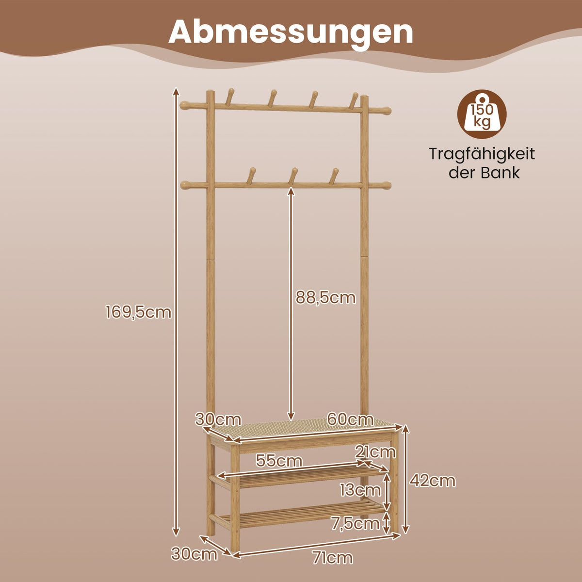 Coat Rack with Shoe Bench, Bamboo, 2 Rods, 13 Hooks