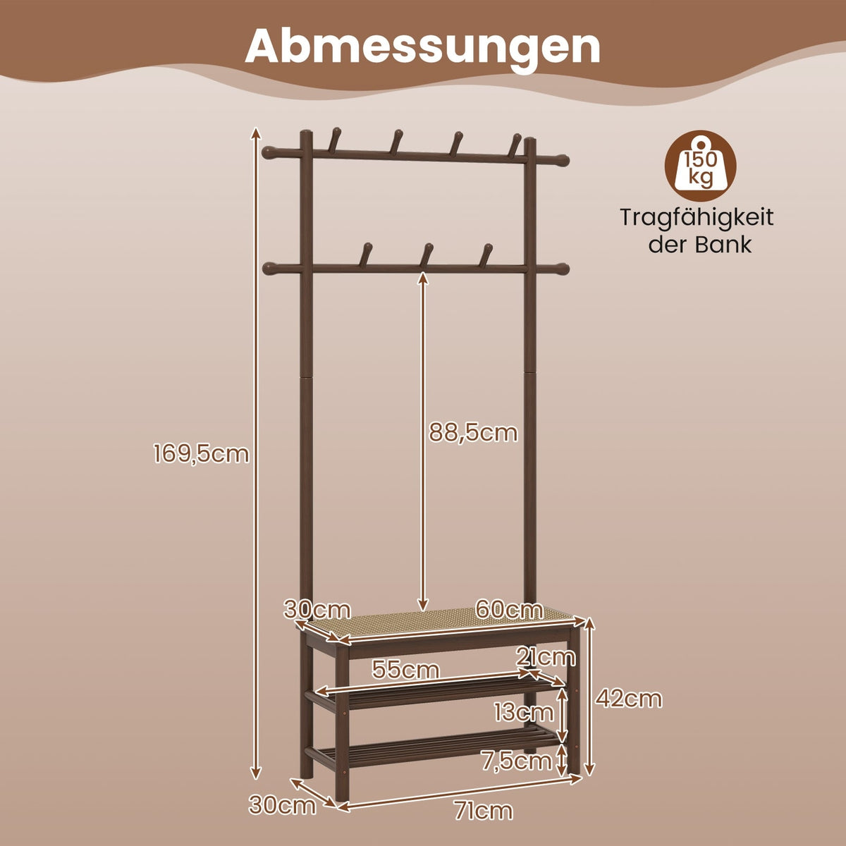 Coat Rack with Shoe Bench, Bamboo, 2 Rods, 13 Hooks